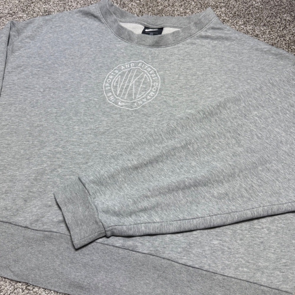 Nike Women 1X Pullover Crop Sweatshirt Emroidery Logo Grey Lounge Gym Athleisure